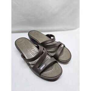 Crocs Patricia Wedge Strappy Slide Slip On Sandals Womens Size 7 Brown